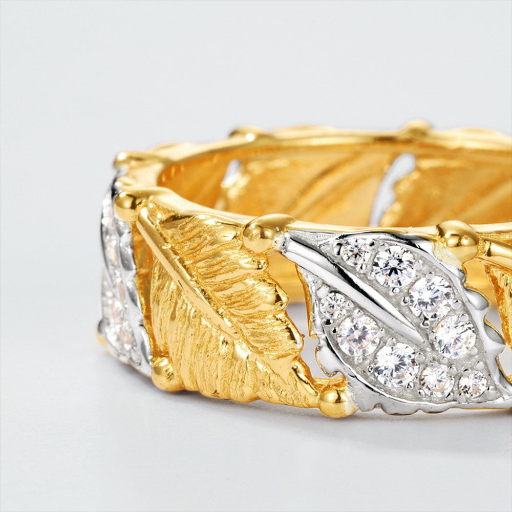 Two Tone Leaf Brushed Diamond Ring S925 Sterling Silver Vintage Brushed Craft Hollow Design