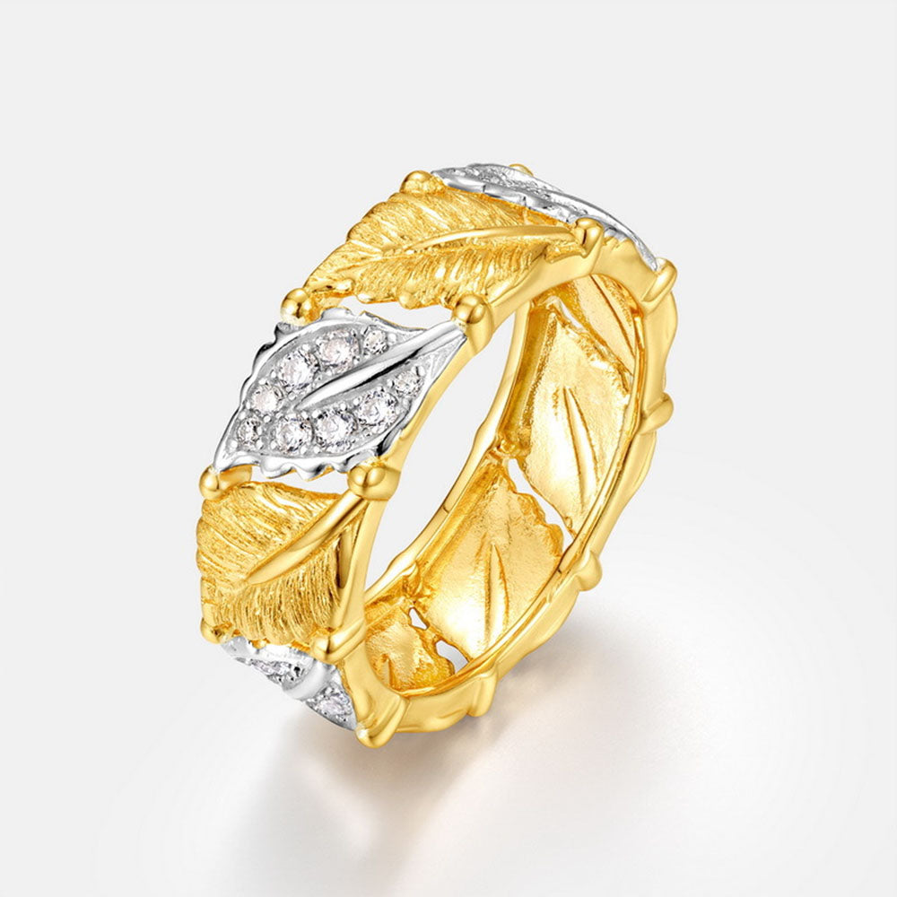 Two Tone Leaf Brushed Diamond Ring S925 Sterling Silver Vintage Brushed Craft Hollow Design