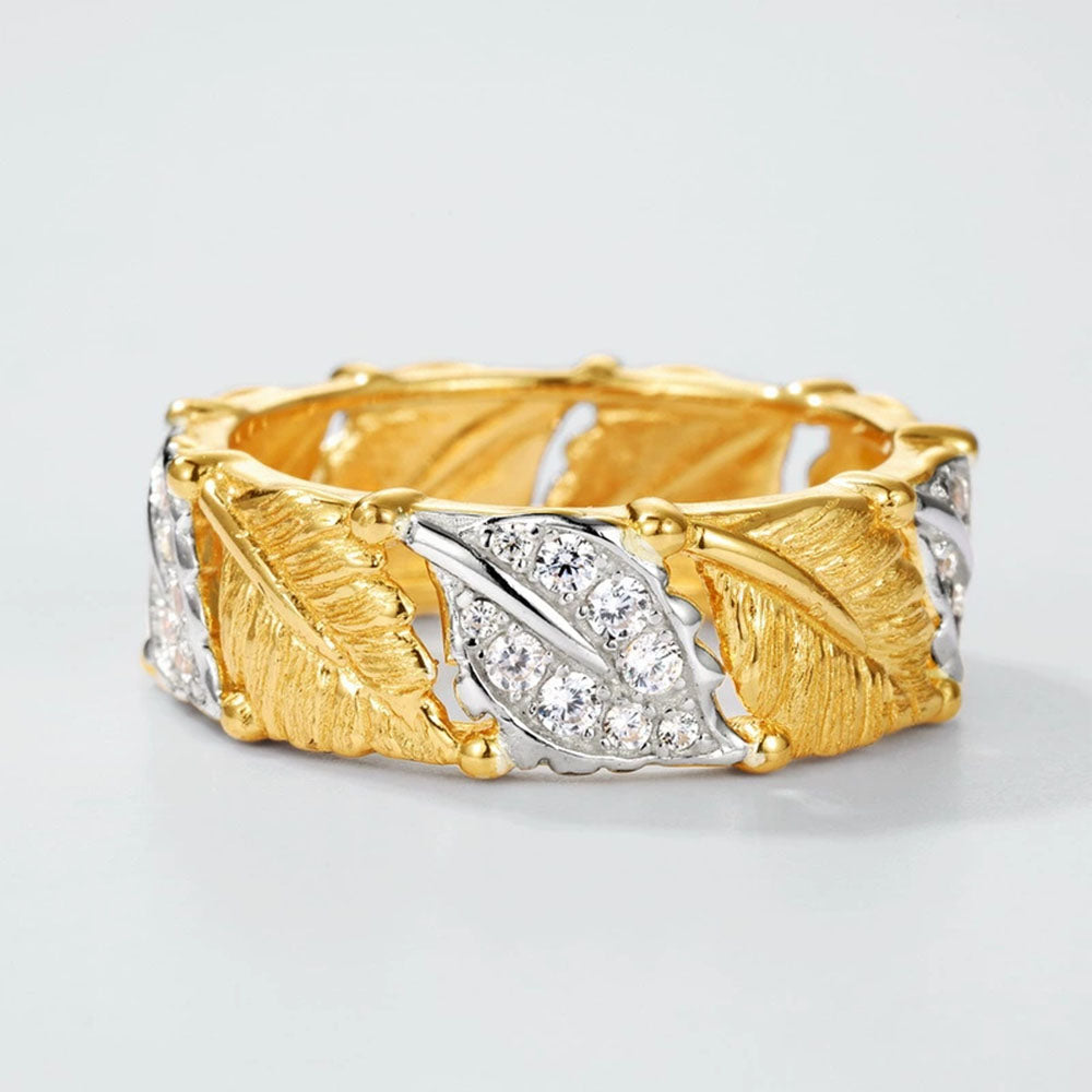 Two Tone Leaf Brushed Diamond Ring S925 Sterling Silver Vintage Brushed Craft Hollow Design