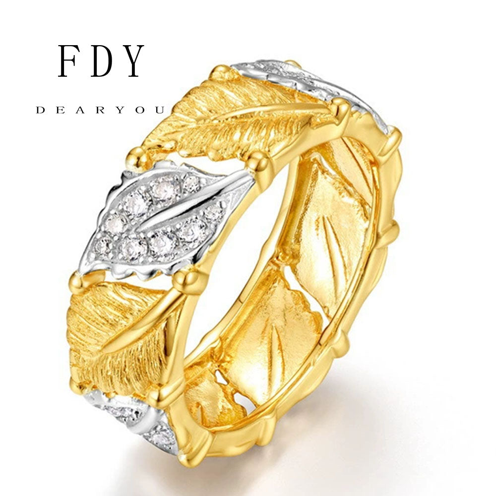 Two Tone Leaf Brushed Diamond Ring S925 Sterling Silver Vintage Brushed Craft Hollow Design