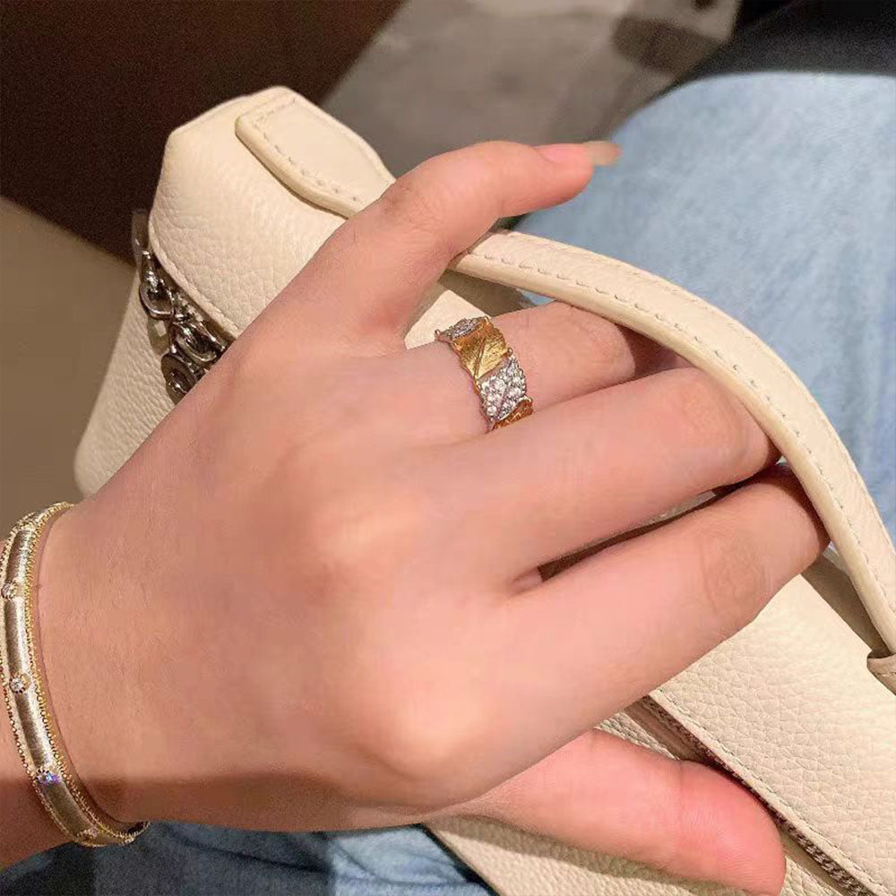 Two Tone Leaf Brushed Diamond Ring S925 Sterling Silver Vintage Brushed Craft Hollow Design