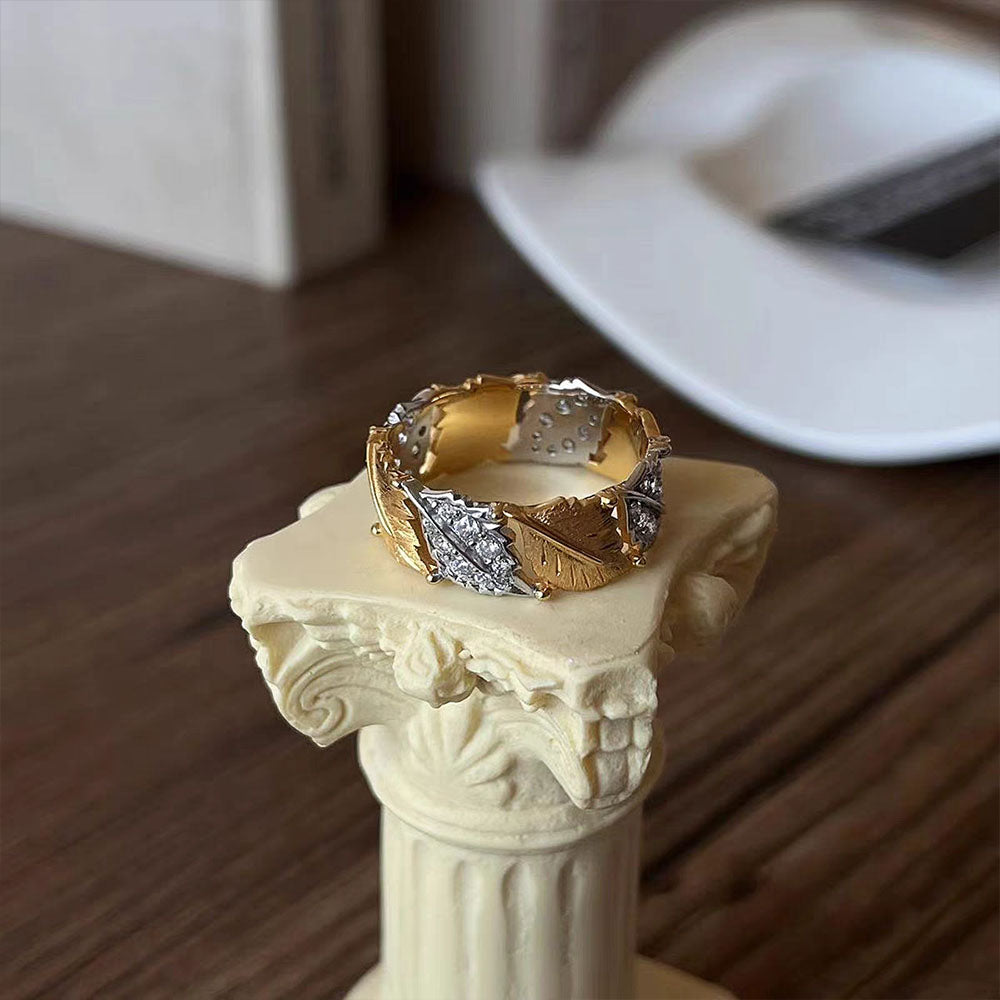 Two Tone Leaf Brushed Diamond Ring S925 Sterling Silver Vintage Brushed Craft Hollow Design