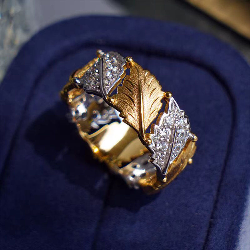 Two Tone Leaf Brushed Diamond Ring S925 Sterling Silver Vintage Brushed Craft Hollow Design