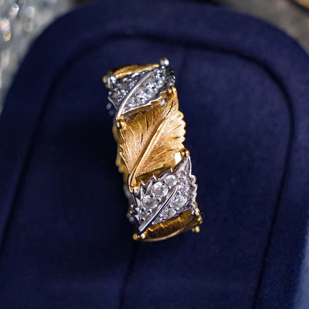 Two Tone Leaf Brushed Diamond Ring S925 Sterling Silver Vintage Brushed Craft Hollow Design