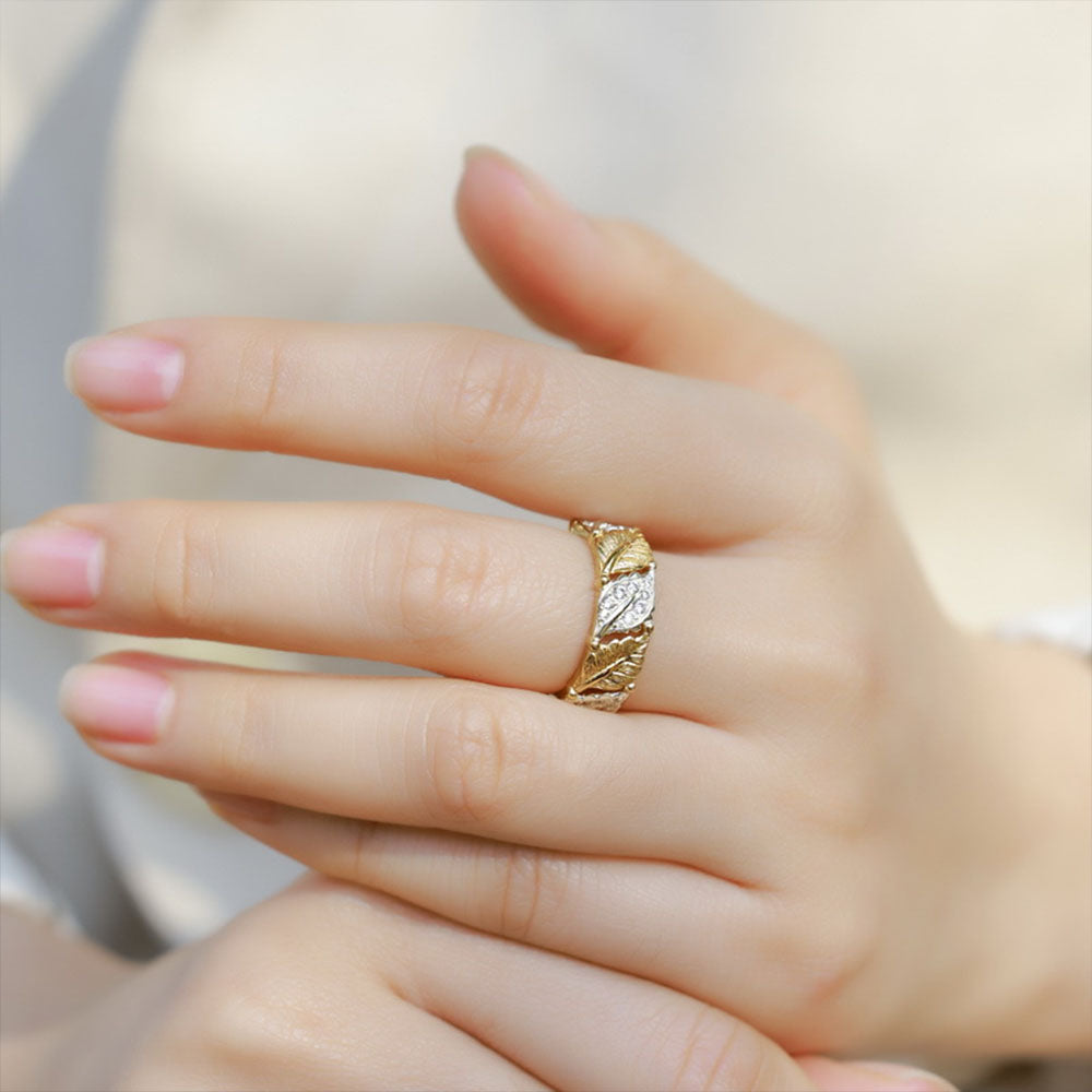 Two Tone Leaf Brushed Diamond Ring S925 Sterling Silver Vintage Brushed Craft Hollow Design