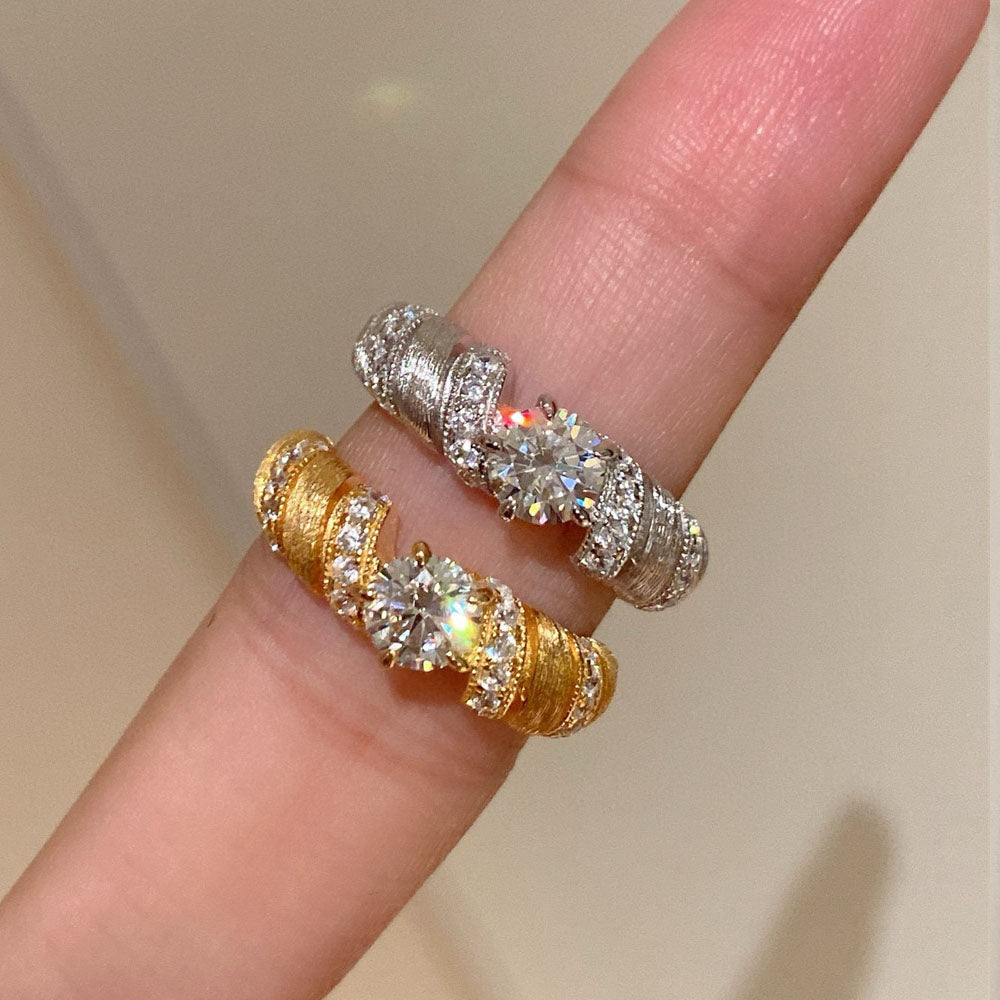 Bull Horn Diamond Ring Brushed Design S925 Sterling Silver 18k White Gold Engagement Wedding Rings