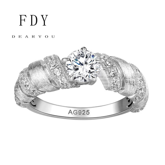 Bull Horn Diamond Ring Brushed Design S925 Sterling Silver 18k White Gold Engagement Wedding Rings