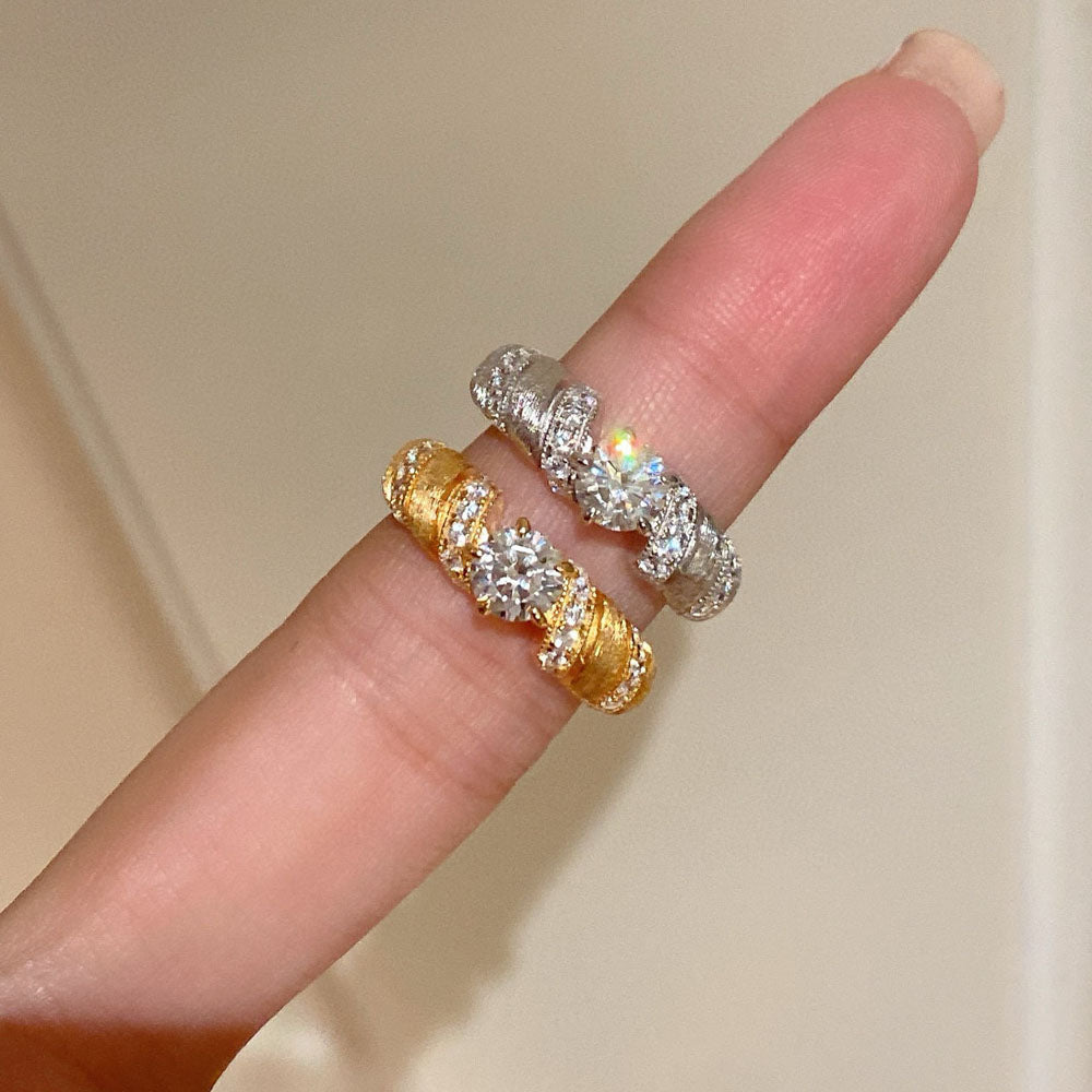 Bull Horn Diamond Ring Brushed Design S925 Sterling Silver 18k White Gold Engagement Wedding Rings