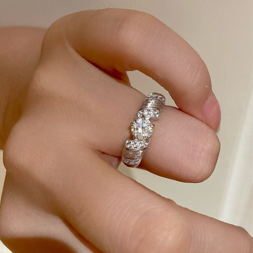 Bull Horn Diamond Ring Brushed Design S925 Sterling Silver 18k White Gold Engagement Wedding Rings