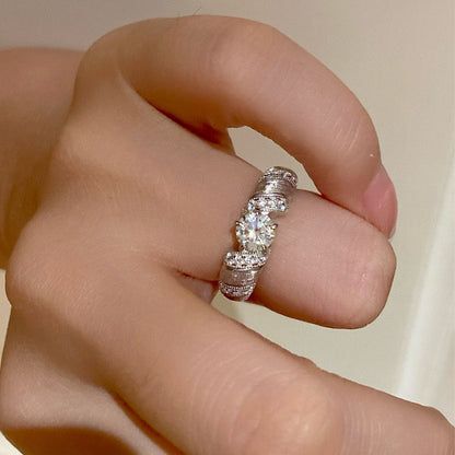 Bull Horn Diamond Ring Brushed Design S925 Sterling Silver 18k White Gold Engagement Wedding Rings