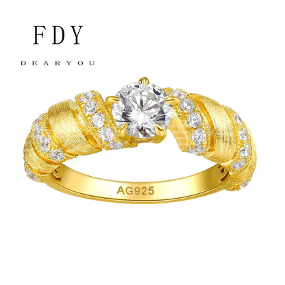 Bull Horn Diamond Ring Brushed Design S925 Sterling Silver 18k White Gold Engagement Wedding Rings