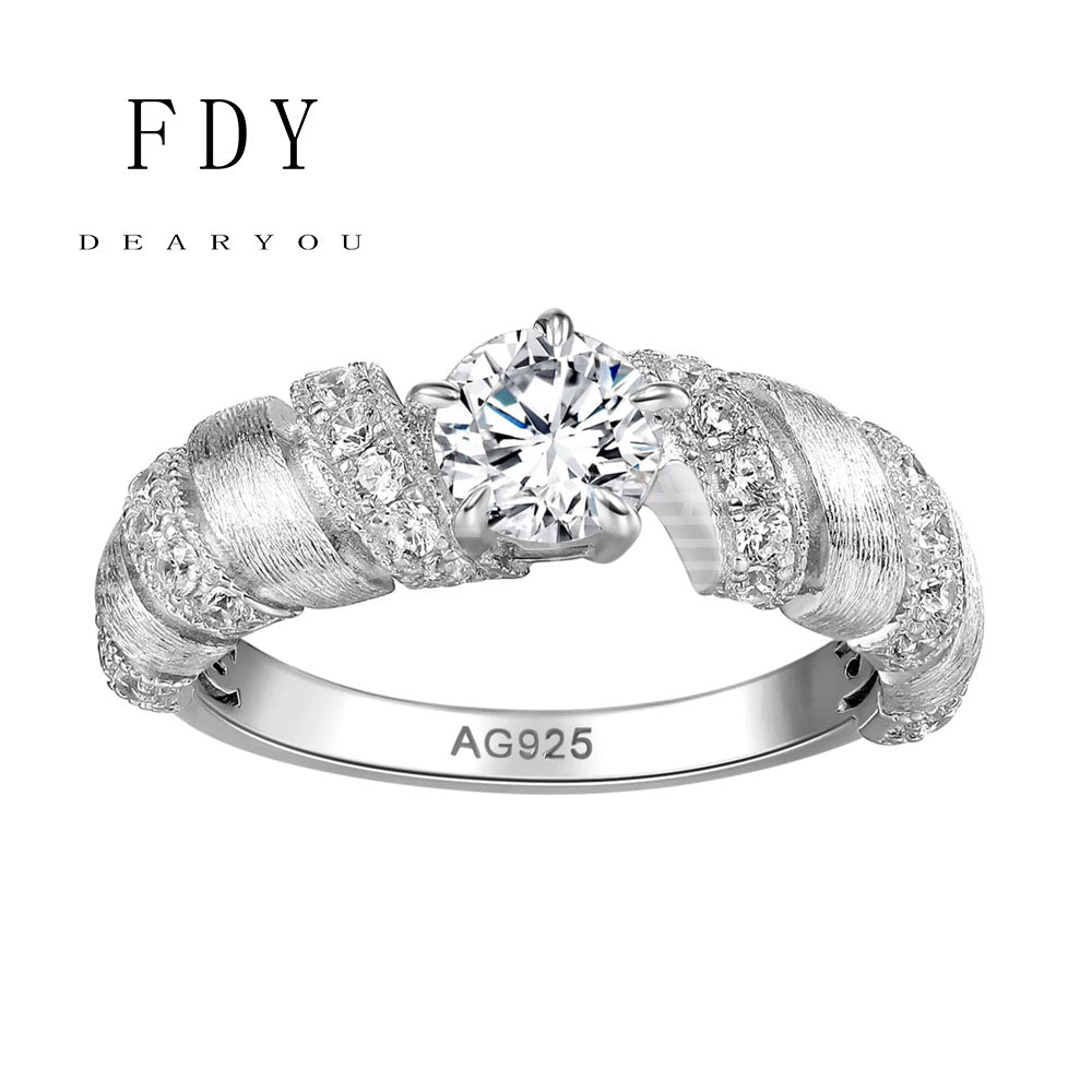 Bull Horn Diamond Ring Brushed Design S925 Sterling Silver 18k White Gold Engagement Wedding Rings