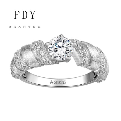 Bull Horn Diamond Ring Brushed Design S925 Sterling Silver 18k White Gold Engagement Wedding Rings