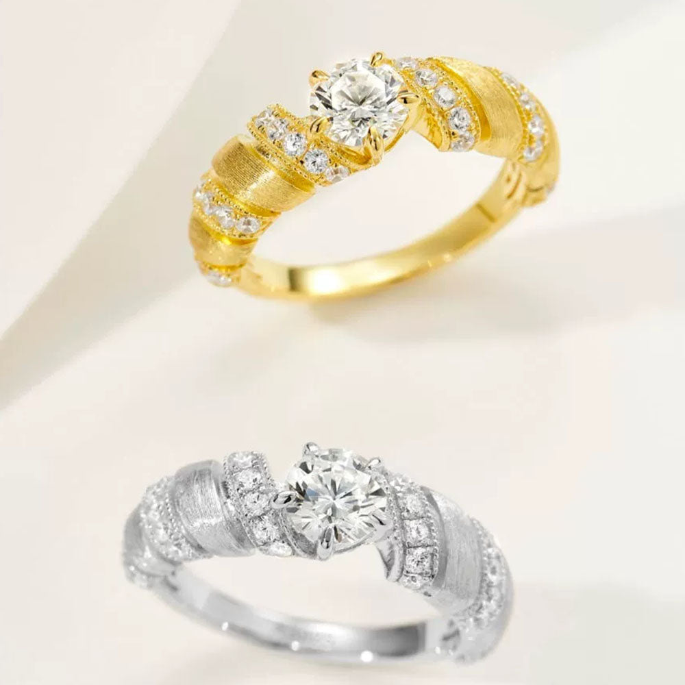 Bull Horn Diamond Ring Brushed Design S925 Sterling Silver 18k White Gold Engagement Wedding Rings