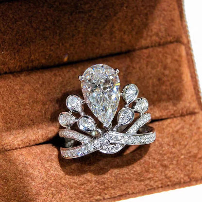 Crowned Feather Pear Moissanite Crown Wedding Ring