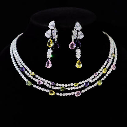 Diamond Multilayer Necklace and Earrings Jewelry Set