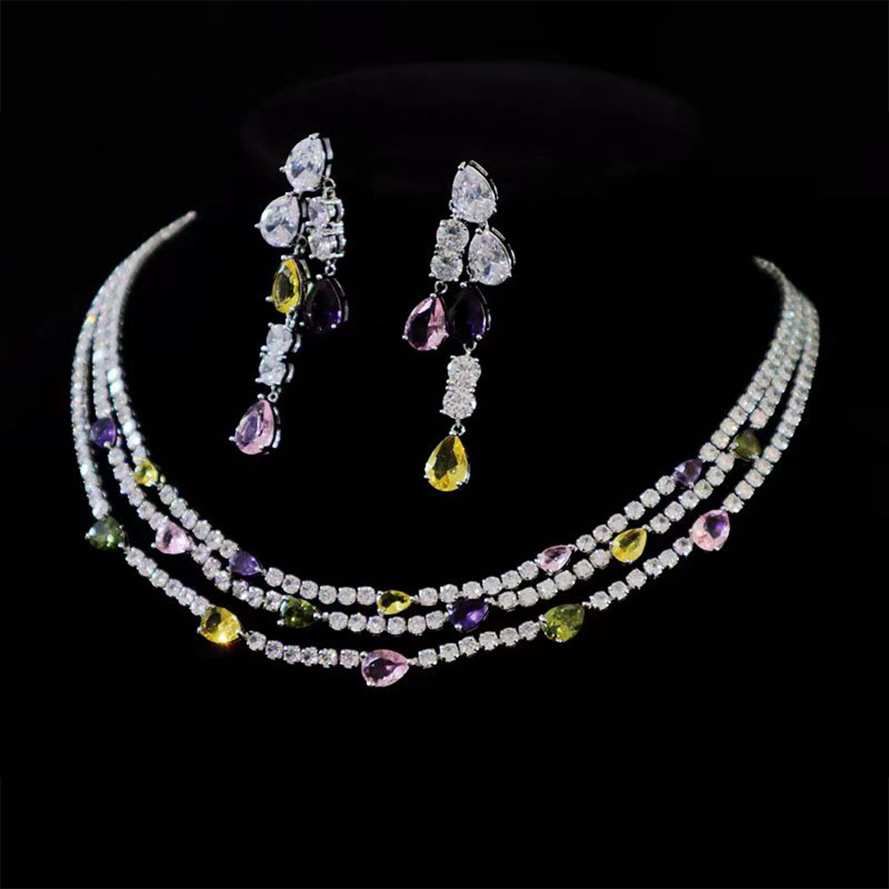 Diamond Multilayer Necklace and Earrings Jewelry Set