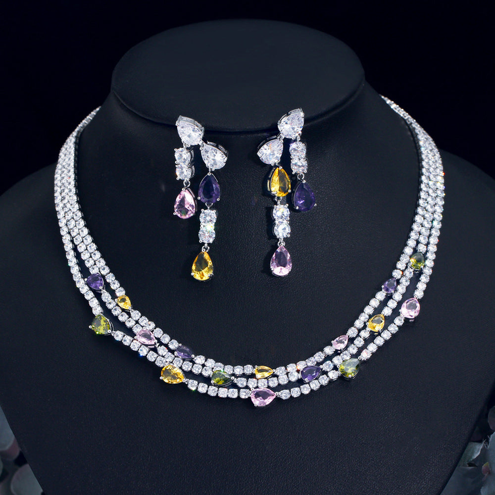 Diamond Multilayer Necklace and Earrings Jewelry Set