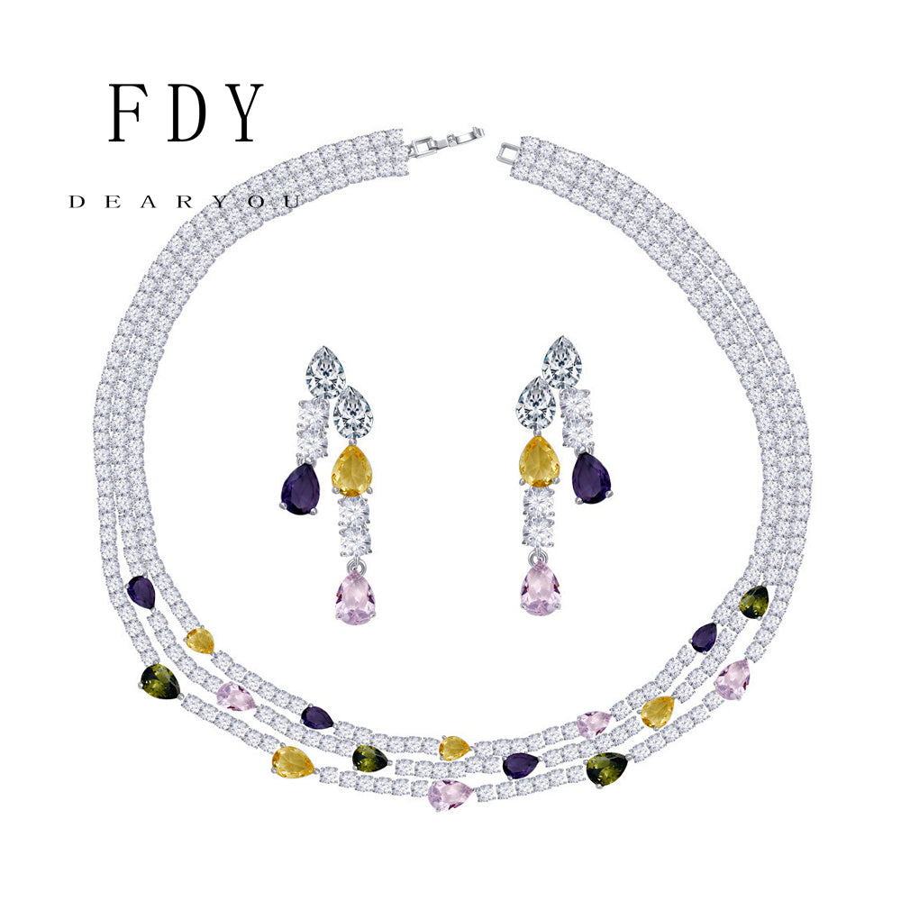 Diamond Multilayer Necklace and Earrings Jewelry Set