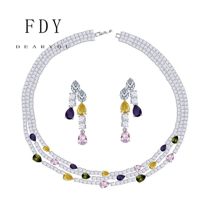 Diamond Multilayer Necklace and Earrings Jewelry Set