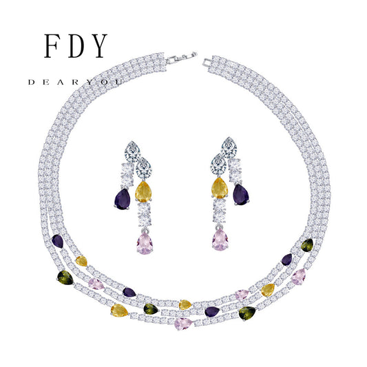 Diamond Multilayer Necklace and Earrings Jewelry Set