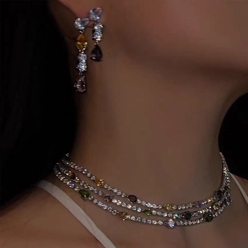 Diamond Multilayer Necklace and Earrings Jewelry Set