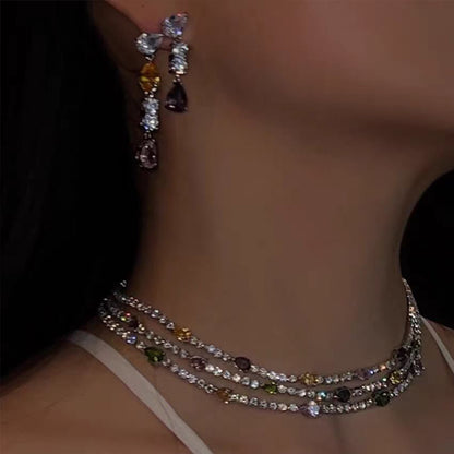 Diamond Multilayer Necklace and Earrings Jewelry Set