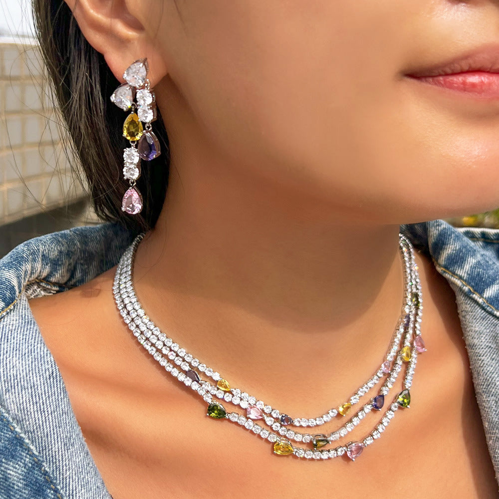 Diamond Multilayer Necklace and Earrings Jewelry Set