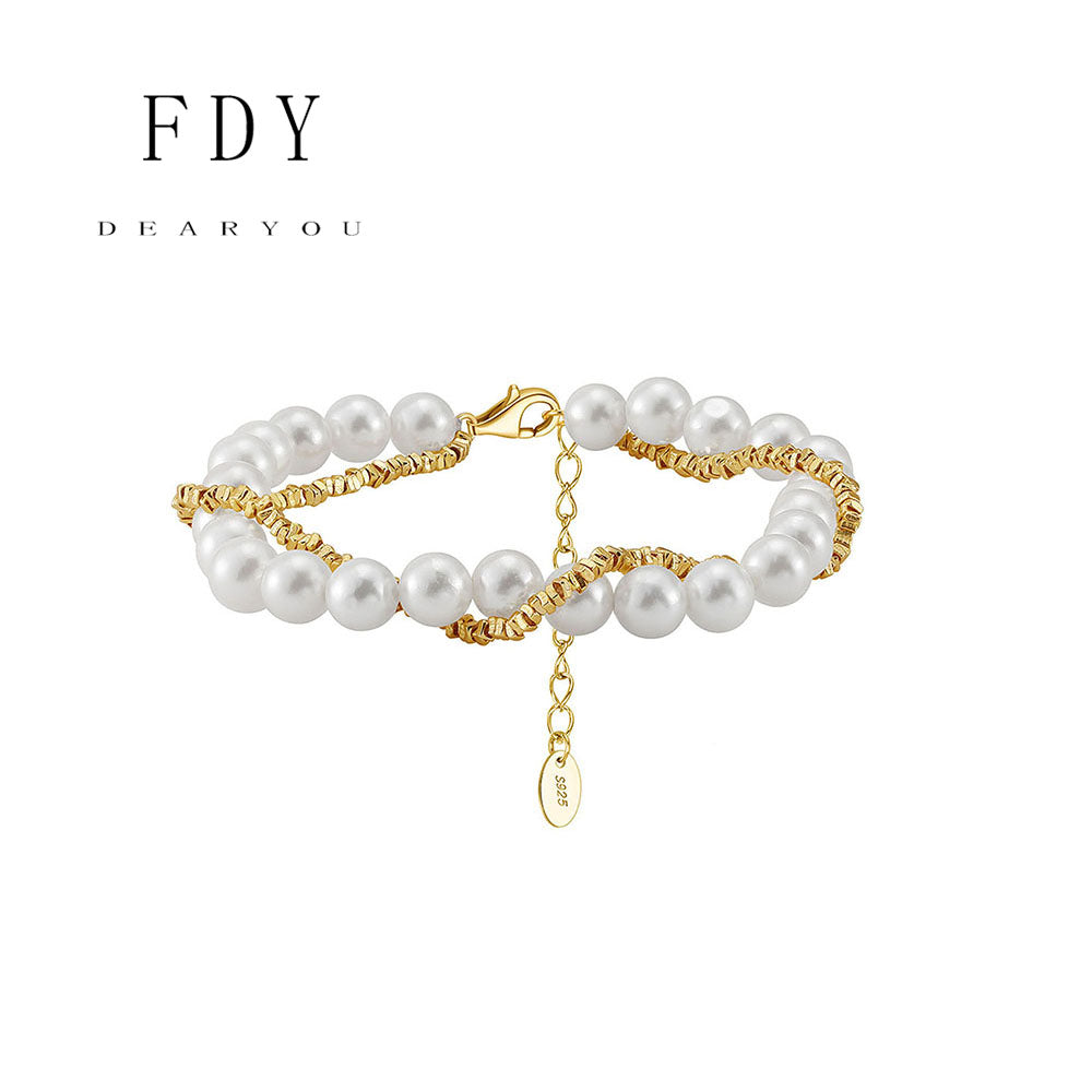 Bracelet double couche en argent sterling 925 avec perles de coquillage