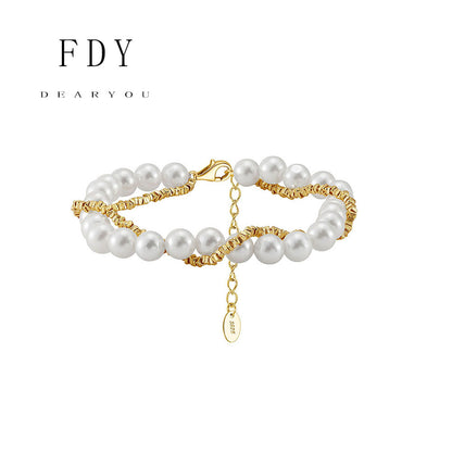 Bracelet double couche en argent sterling 925 avec perles de coquillage