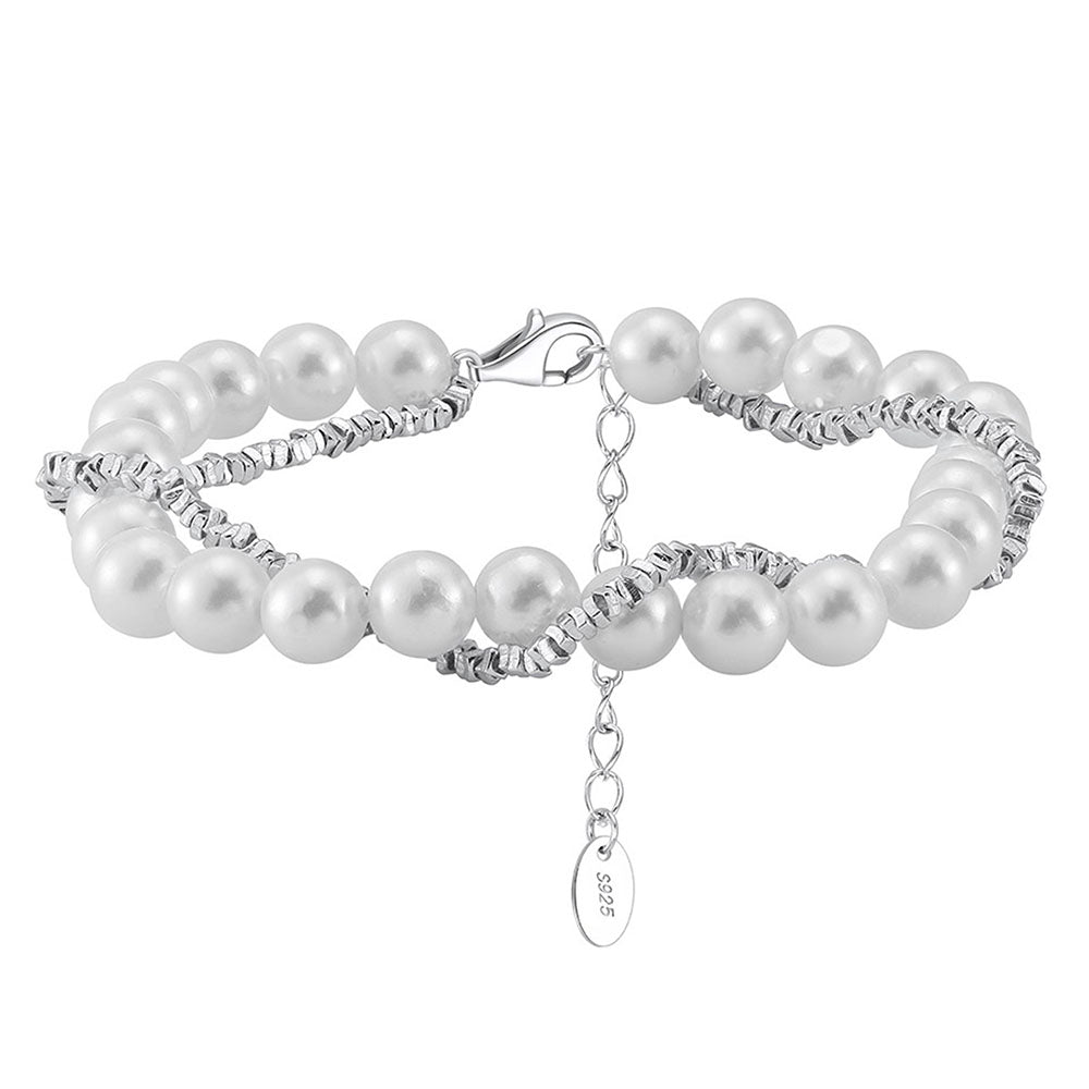 Double Layered 925 Sterling Silver Shell Pearl Bracelet