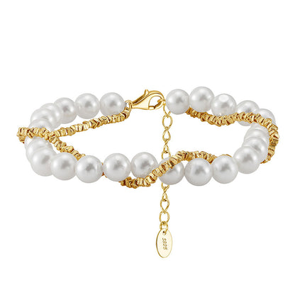 Bracelet double couche en argent sterling 925 avec perles de coquillage