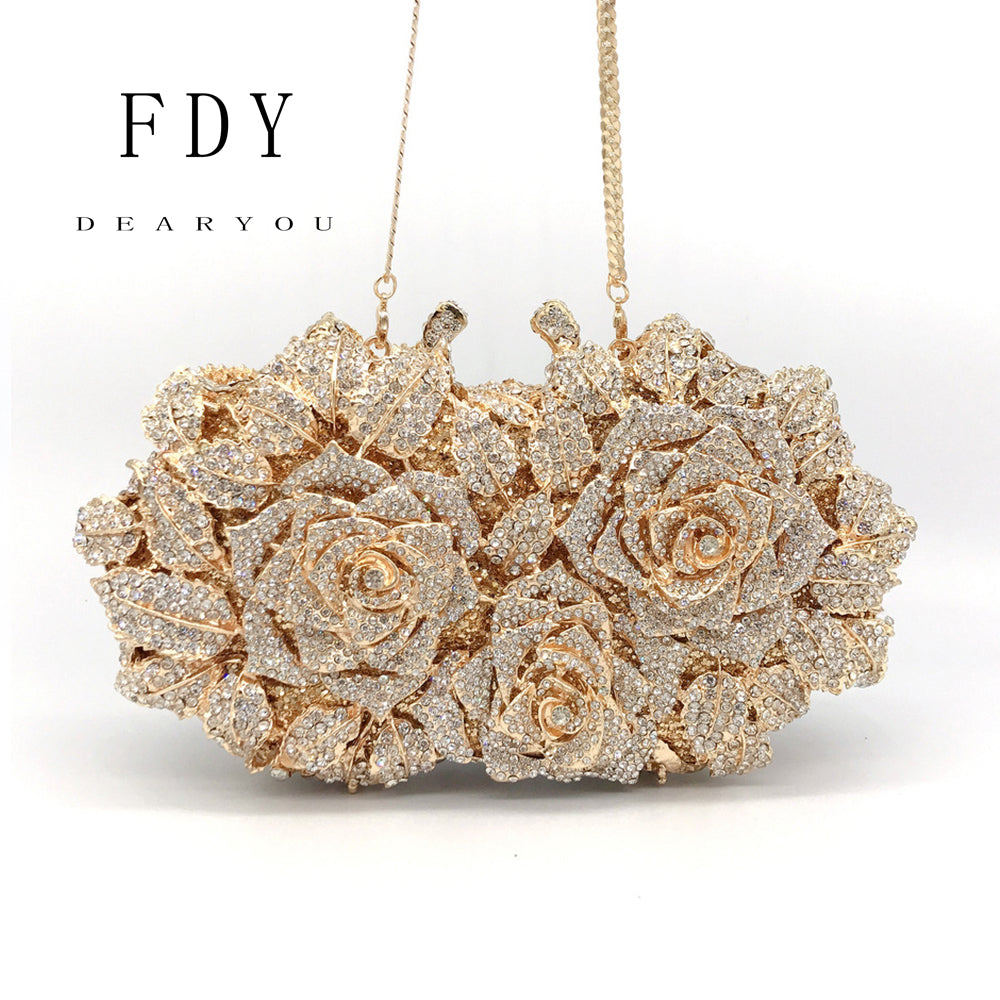 Evening Bag Rose Flower Holiday Party Diamond Clutch Pur