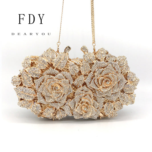 Evening Bag Rose Flower Holiday Party Diamond Clutch Pur
