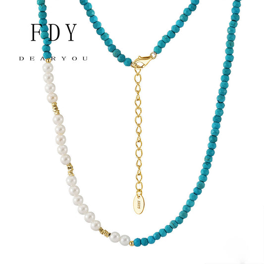 Luxury Handmade S925 Sterling Silver Necklace Natural Gemstones (Turquoise, Pink Opal, Lapis Lazuli) & Pearl Elegance Timeless Statement Jewelry for Women