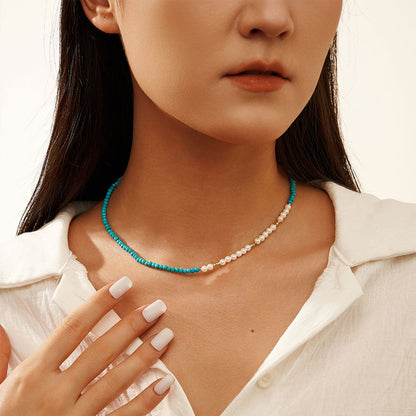 Luxury Handmade S925 Sterling Silver Necklace Natural Gemstones (Turquoise, Pink Opal, Lapis Lazuli) & Pearl Elegance Timeless Statement Jewelry for Women