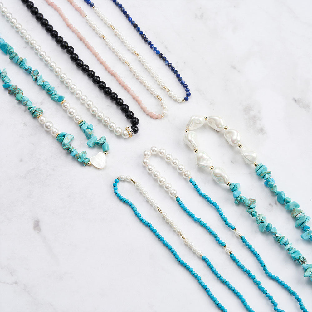 Luxury Handmade S925 Sterling Silver Necklace Natural Gemstones (Turquoise, Pink Opal, Lapis Lazuli) & Pearl Elegance Timeless Statement Jewelry for Women