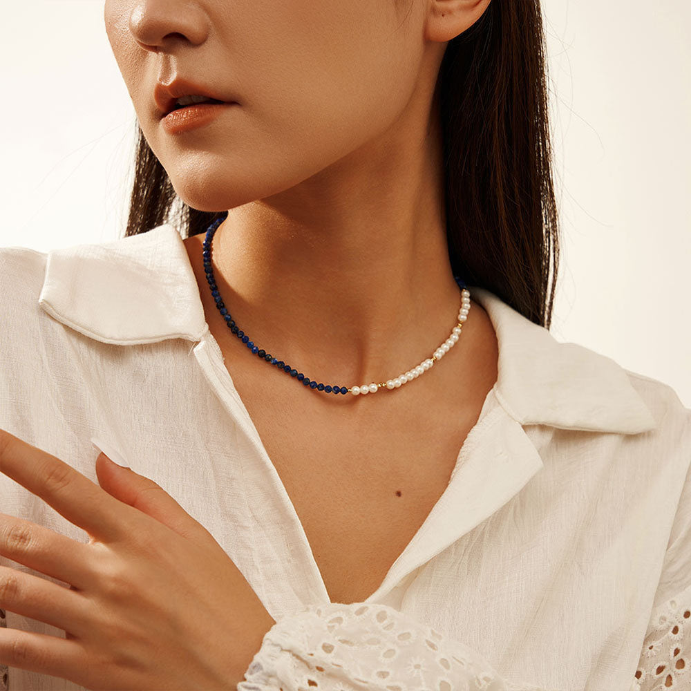 Luxury Handmade S925 Sterling Silver Necklace Natural Gemstones (Turquoise, Pink Opal, Lapis Lazuli) & Pearl Elegance Timeless Statement Jewelry for Women
