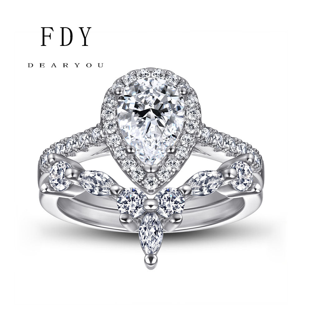 Pear Cut Grown Diamond Engagement Ring Set S925 Silver