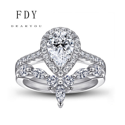 Pear Cut Grown Diamond Engagement Ring Set S925 Silver