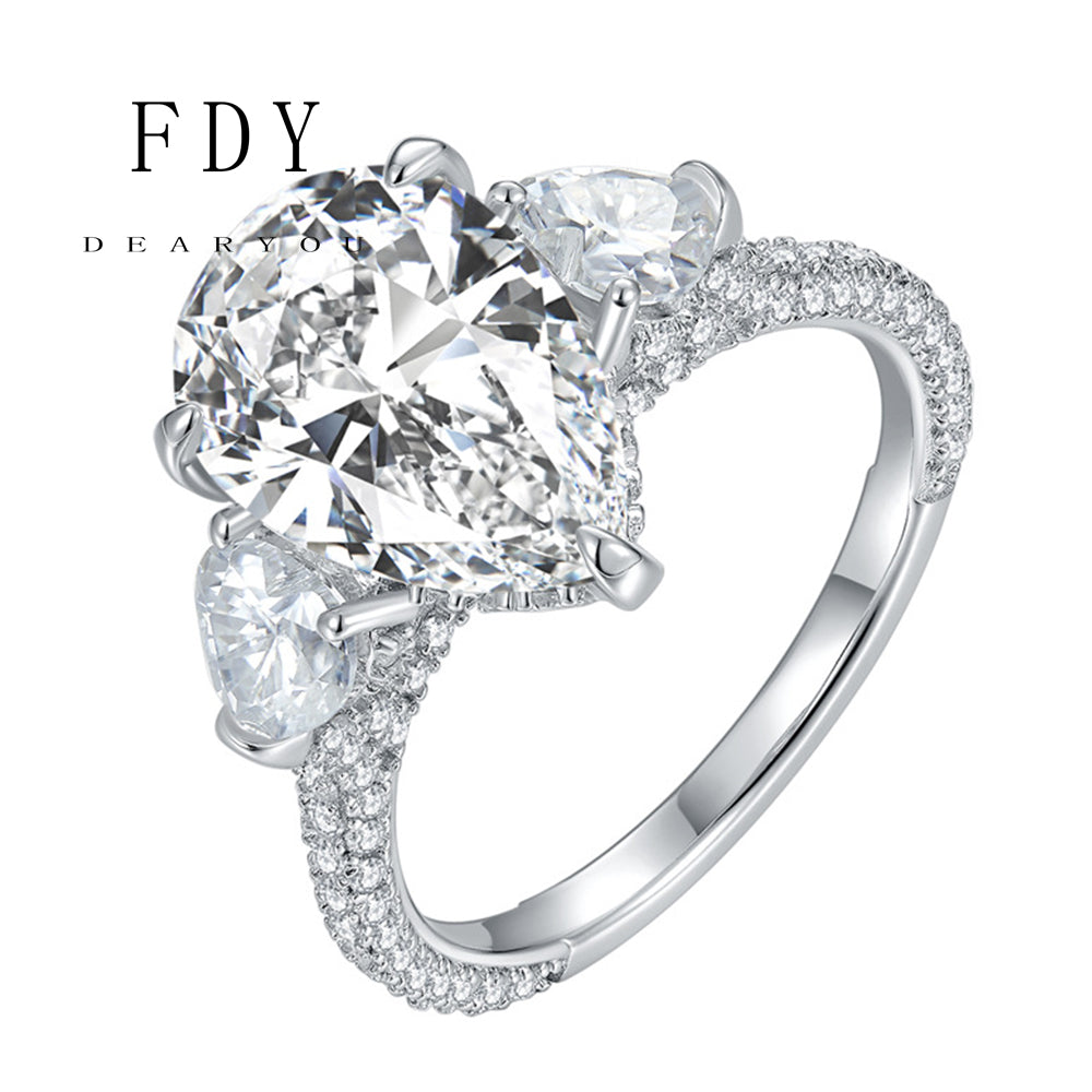 Pear Shape Three Stones Moissanite Engagement Rings 5 Carats