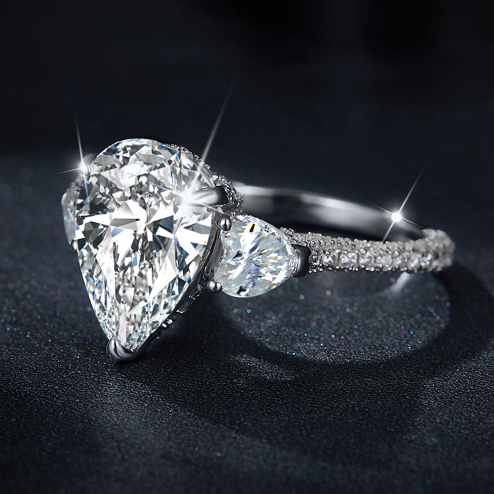 Pear Shape Three Stones Moissanite Engagement Rings 5 Carats
