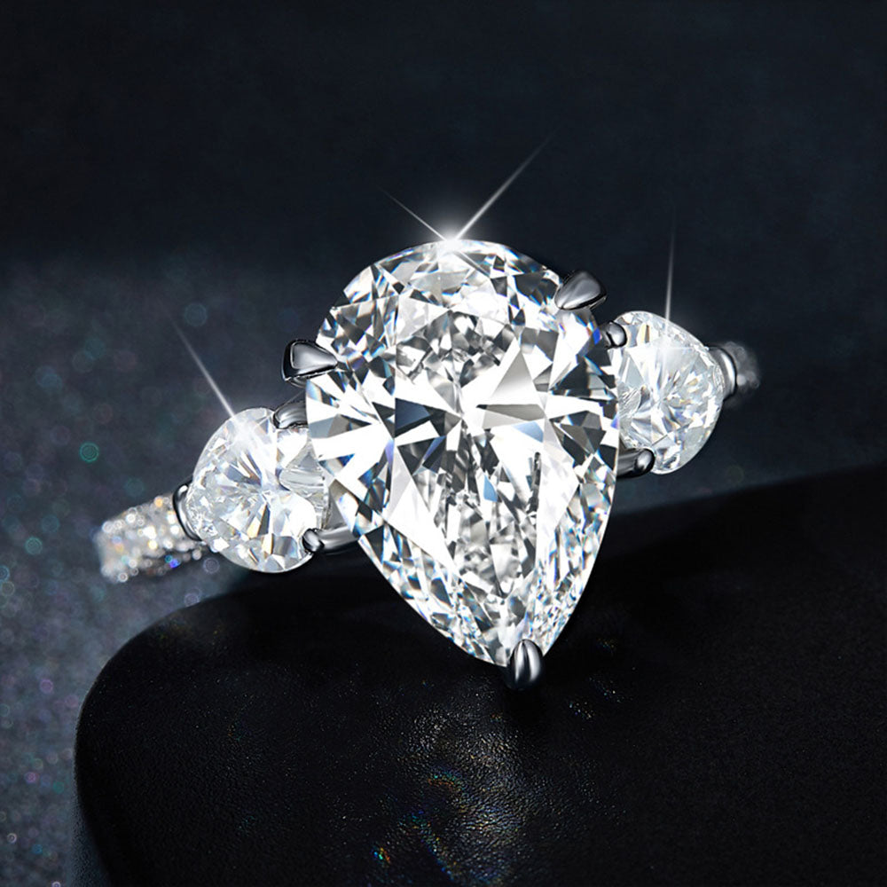 Pear Shape Three Stones Moissanite Engagement Rings 5 Carats