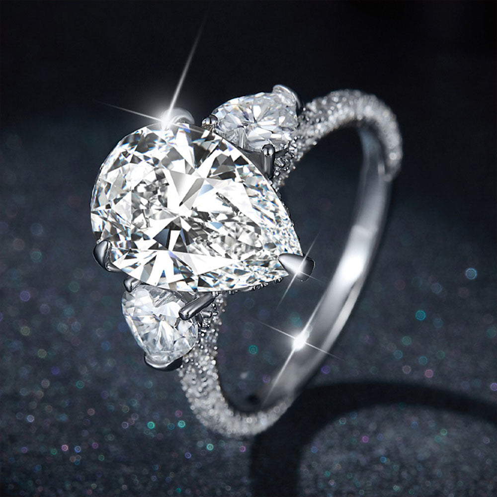 Pear Shape Three Stones Moissanite Engagement Rings 5 Carats