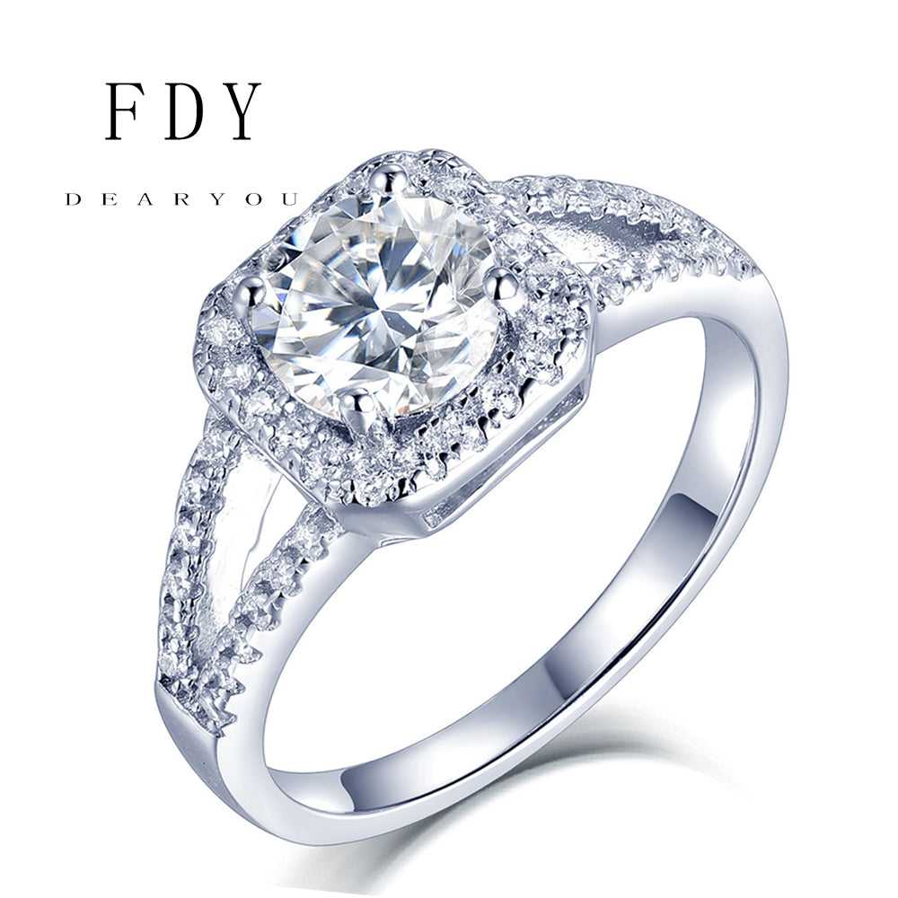 Princess Square Moissanite Halo Engagement Ring 18k White Gold