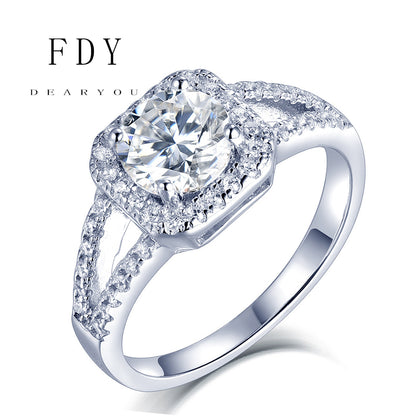 Princess Square Moissanite Halo Engagement Ring 18k White Gold