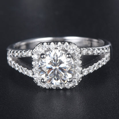 Princess Square Moissanite Halo Engagement Ring 18k White Gold