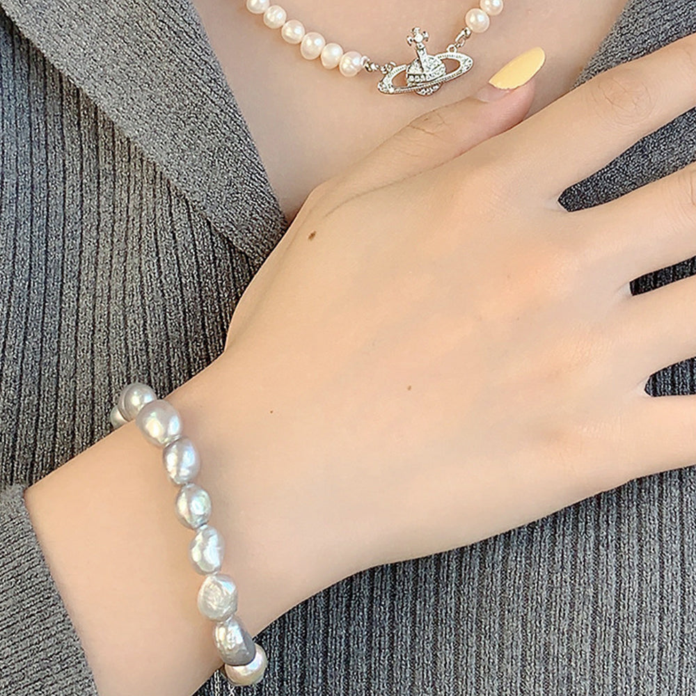 Real Natural White Freshwater Baroque Pearl Charm Bracelet