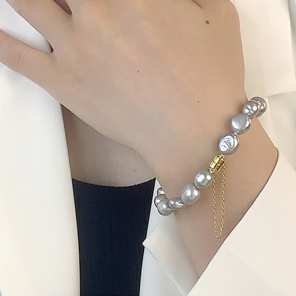 Real Natural White Freshwater Baroque Pearl Charm Bracelet