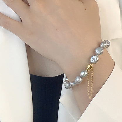 Real Natural White Freshwater Baroque Pearl Charm Bracelet